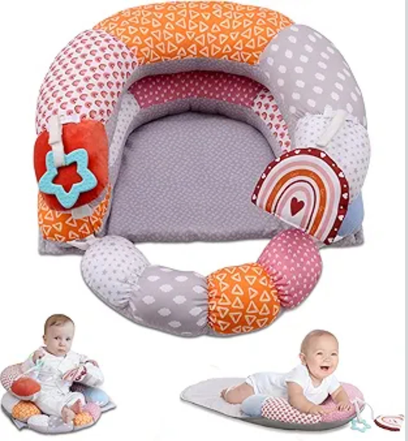 MIIMER 2-in-1 Tummy Time Baby Mat & Seated Support Pillow, Tummy Time Cushion with Detachable Support Prop and Toys, for Early Development Support for Newborns and Older Babies