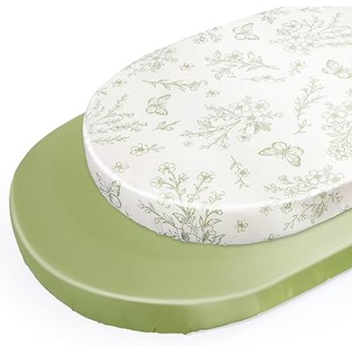 Unicorn Castle Satin Bassinet Sheets Baby 2 Pack Soft for Baby Hair Skin Fitted Bedside Bassinet Sheets for Newborn for Oval Rectangle Hourglass Bassinet Mattress,Beige Floral- Dark Green