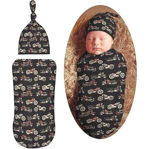 Motorcycles On Black Background Newborn Swaddle Blankets Hat Sets Soft Baby Receiving Blanket Swaddle Sack for Baby Shower Infant Boy Girl Gift