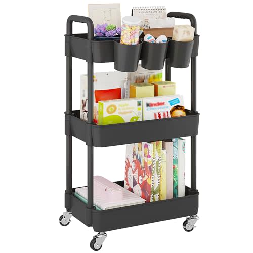 UDEAR 3-Tier Rolling Utility Cart,Multifunctional Storage Shelves with Handle and Lockable Wheels for Room,Office,Kitchen,Bathroom,with 3 Hanging Cups,Black