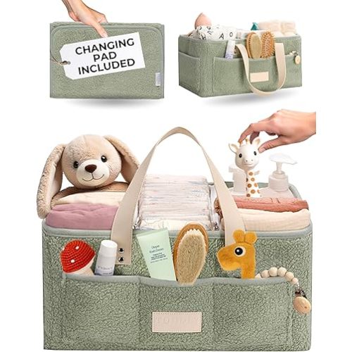 Baby Diaper Caddy Organizer with Portable Changing Mat - Teddy Fleece Diaper Organizer for Changing Table - Basket for Changing Essentials - Baby Essentials Organizer with Removable Dividers