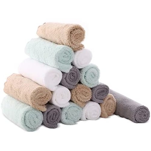 Cute Castle Ultra-Soft Baby Washcloths, 16 Pack - 9" by 9", Gentle on Sensitive Skin for Face and Body, Plush, Super Absorbent Wash Clothes for Girls and Boys,White+Brown+Grey+Sage Green