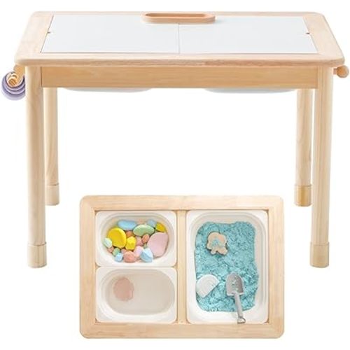 IEATFO Rubber Wood Montessori Sensory Table - 3 Foldable Storage Bins, Reinforced Frame, Height Adjustable Children's Table - Multifunctional Kids Activity Table Promotes Sensory Experiences & Growth