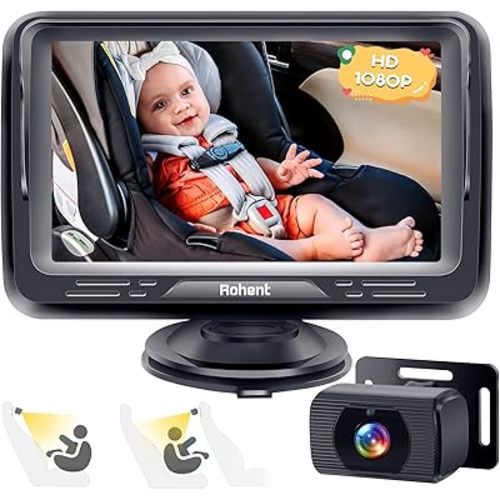 Rohent Baby Car Camera HD 1080P - Rear-Facing Infant Monitor with Night Vision, 150° Wide-Angle Lens, Anti-Glare Screen, Easy Install, 360° Adjustable Display