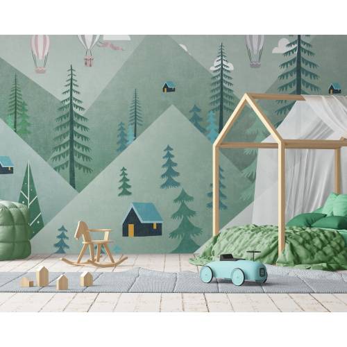 Mountain Kids Wallpaper- Removable Wallpaper Peel and Stick Wallpaper Wall Mural, WaterColor Boho Wallpaper, Green Kids Room Decor