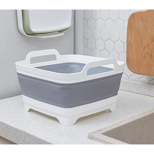 AAKitchen Collapsible Dish Basin with Drain Plug Carry Handles for 9L Capacity Collapsible Sink Tub Dish Wash Basin Portable Dish Tub Foldable Dishpan for RV Trailers Camping Dish Washing Tub (Gray)