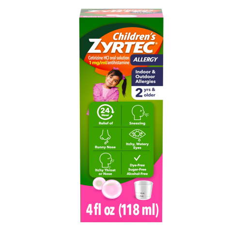 Children's Zyrtec Liquid Allergy Syrup, Free of Dyes, Sugar, Alcohol, Bubble Gum Flavor, 4 fl. oz HSA/FSA Eligible