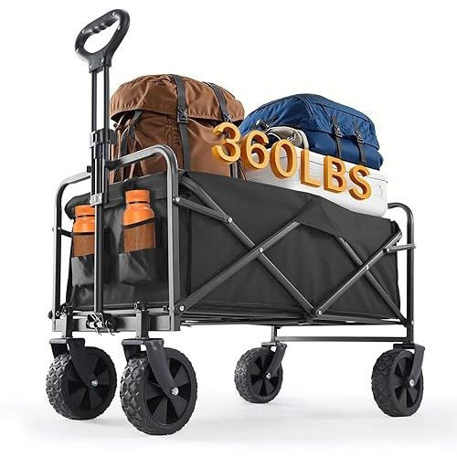 Sweetcrispy Foldable Wagon Cart, Collapsible Large Capacity Garden Beach Cart with All-Terrain Wheels, Heavy Duty Utility Grocery Wagon with Drink Holders for Shopping Sports Camping