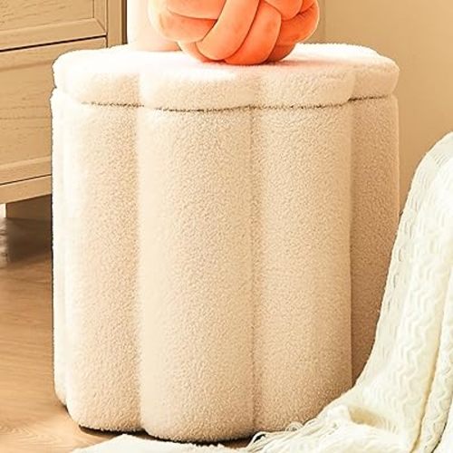 LITTLE OASIS Boucle Ottoman with Storage, White Pouf Ottoman, Round Ottoman with Storage, Pouf Ottoman Foot Rest, Accent Chair with Ottoman, Small Makeup Vanity Chair, Cream Sherpa Ottoman