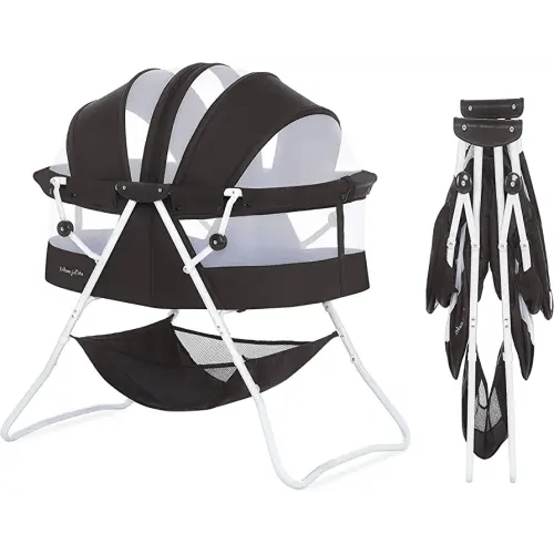 Karley Bassinet in Black, Lightweight Portable Baby Bassinet, Quick Fold and Easy to Carry , Adjustable Double Canopy, Indoor and Outdoor Bassinet with Large Storage Basket.