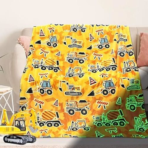 Excavator Toys Gifts for Kids Glow in The Dark Truck Blanket Construction Blankets Soft Tractor Throw Blankets Boys Car Theme Decor Blanket 40"×50"