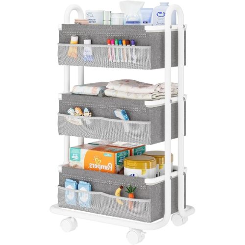 3-Tier Baby Diaper Caddy Organizer Cart, Mobile Nursery Storage Carts with Wheels, 3 Dividers & 6 Mesh Pockets Durable Metal Utility Cart for Nursery, Bedroom, Bathroom, Baby Essentials Organization