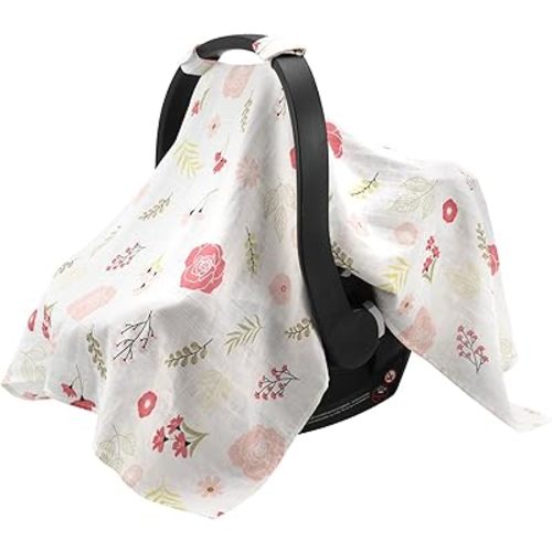 SERAPHY Muslin Car Seat Covers for Babies, Breathable Baby Car Seat Cover for Boys and Girls, Cotton Infant Carseat Canopy Covers -Flowers