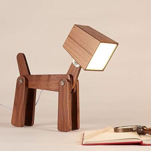Super Cute Dog Table Lamp for Kids Room Bedroom Bedside - Dimmable Touch Control Wood Fun Unique Desk Lamp Warm White Light Gifts for Friends Boys Girls Dorm Farmhouse (Walnut Color)