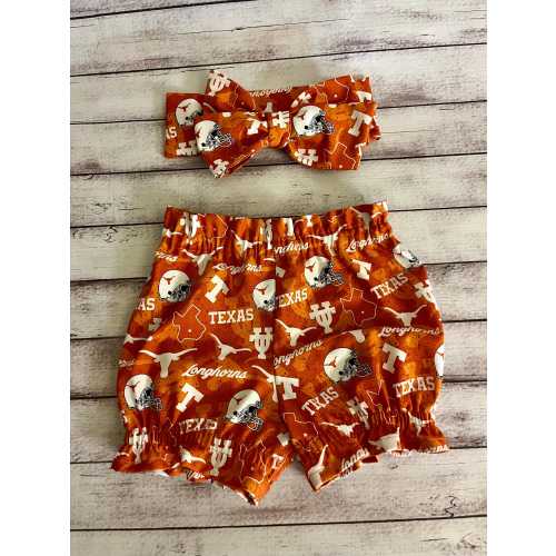 Texas Longhorns Inspired Football Bloomer Headwrap Bloomers Little Baby Girl Toddler Bows Big Bow Infant Headband Shorts Bummies Longhorn