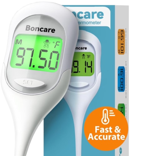 Boncare 9 Seconds Basal Body Thermometer for Ovulation, Oral Thermometer for Adults and Kids - Accurate Rectal Thermometer for Baby, with Fever Alarm and Large Display, FSA HSA Eligible (Rice-White)