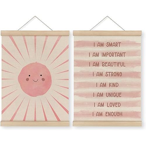 MAQIKA I Am Smart Decor Poster Framed with Wood Hanger Set of 2, Girl Nursery Wall Decor, Pink Positive Affirmations Hanging Wall Decor, Sunshine Canvas Wall Art Paints for Girls Room 12x16 Inch