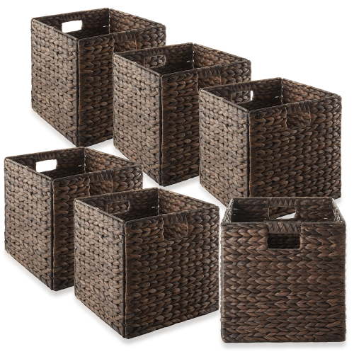 Casafield 12" x 12" Water Hyacinth Storage Baskets, Espresso - Set of 6 Collapsible Cube Organizers, Woven Bins for Bathroom, Bedroom, Laundry, Pantry, Shelves