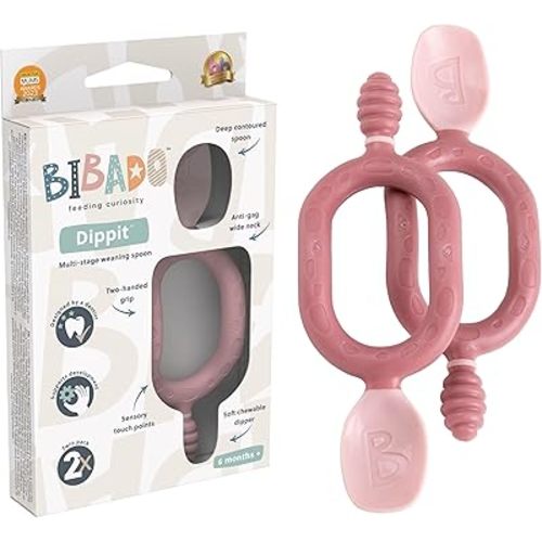 Bibado - Dippit Baby Spoon and Dipper, Blush (2-Pack) - Soft, Chewable Dipper & Deep Spoon - Two-Hand, Sensory Grip - Toddler Utensils - Baby Led Weaning Supplies - Baby Essentials - 6 Months+
