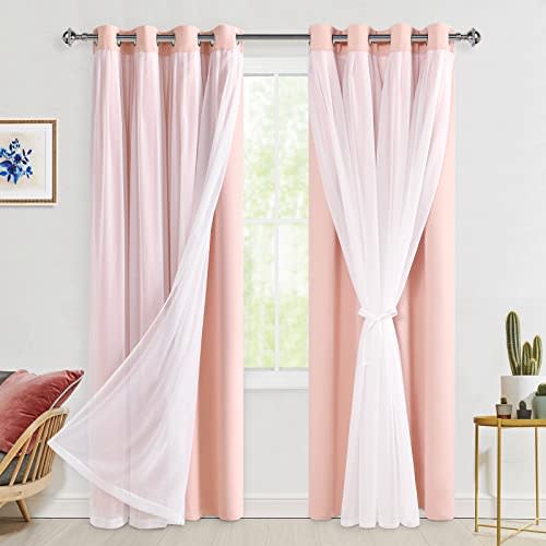 Hiasan Blackout Curtains with Sheer Overlay, Thermal Insulated Mix & Match Double Layer Room Darkening Window Curtains for Bedroom,Living Room,Nursery 2 Panels with Tiebacks (52W X 84L,Blush Pink)