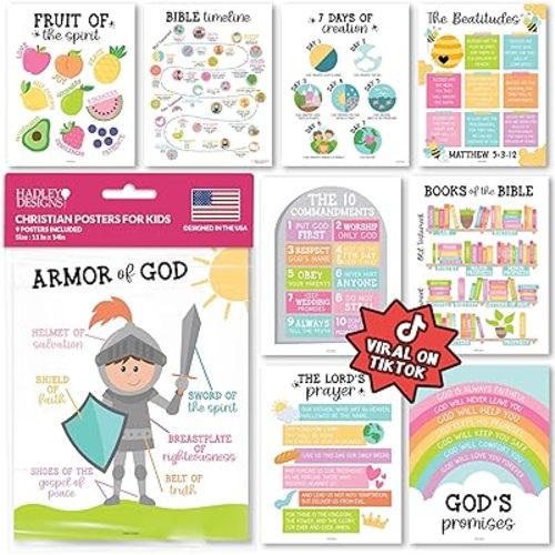 Hadley Designs Sunday School Decorations for Classroom – 9 Bible Posters for Kids, 11x14in Books of the Bible Poster, 10 Commandments, Fruits of the Spirit & More – Pastel Christian Classroom Decor