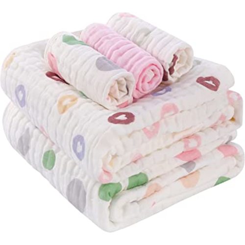 Muslin Baby Towel 2 Large Super Soft Infant Blanket and 3 Washcloths for Newborns Toddlers Boy Girl,Baby Registry as Shower Gift. (Heart Series)