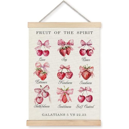 JINYO Fruit of the Spirit Christian Wall Art Poster, Christian Wall Decor, Coquette Pink Bow Strawberry Cherry Bible Verse Scripture Wall Art for Home Girls Room Decor, 12x16 Inches