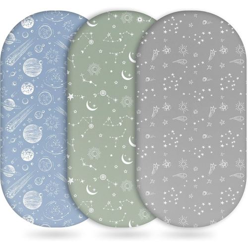 Baby Bassinet Sheets Girl Boy, Fitted Bassinet Sheet Set 3 Pack Bassinet Mattress Sheets Universal Fit for Rectangle, Round, Oval, Hourglass Mattress, Soft Breathable Green Gray Constellation