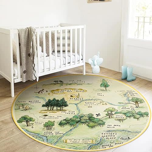 Estmy 6ft Washable Round Nursery Rug, Cute Woodland Kids Play Mat for Girls Boys Neutral Soft Crawling Play Mat for Classroom Children Toddlers Bedroom Easy to Clean, 100 Acre Wood Map Rug