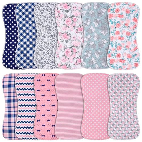 Baby Burp Cloths & Baby Bibs 2-in-1 Design Large Size 3 Layers Thicken 100% Cotton Super Absorbent and Soft Baby Spit Up Burping Rags Baby Burp Cloth Set for Girls 12 Pack