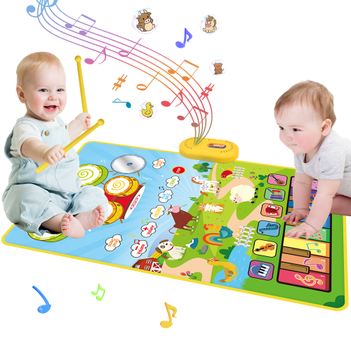 Richgv Toys for 1 Year Boys Girls, 3 in 1 Musical Mat Toys Piano & Drum Mat with 2 Sticks, Learning Floor Blanket, Christmas Birthday Gifts for 1 2 3 Year Toddlers