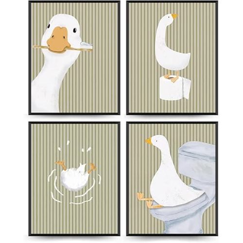 Wheatwin Kids Bathroom Decor, Goose Nursery Animal Poster Prints, Bathroom Wall Decorations for Kids Toddler Boys Girls Toilet Washroom Farmhouse, 8x10 Unframed 4Pcs - Sage Green