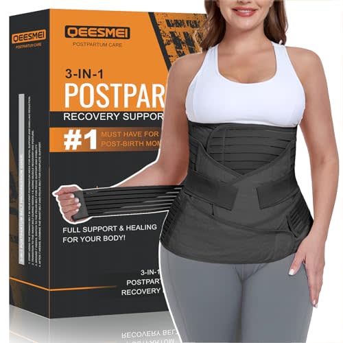 QEESMEI 3 in 1 Postpartum Belly Support Recovery Wrap - Postpartum Belly Band - Postpartum Essentials Post Partum Waist Binder, Post Surgery Abdominal Binder Shapewear (Black, L)