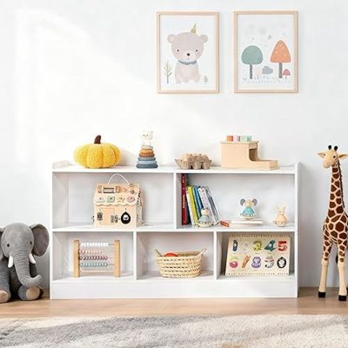 5-Section Wooden Toy Shelf for Kids, Montessori Shelf Storage with Open Shelving & Customizable Layout | Safe, Sturdy Design for Kids Room, Classroom & Playroom White