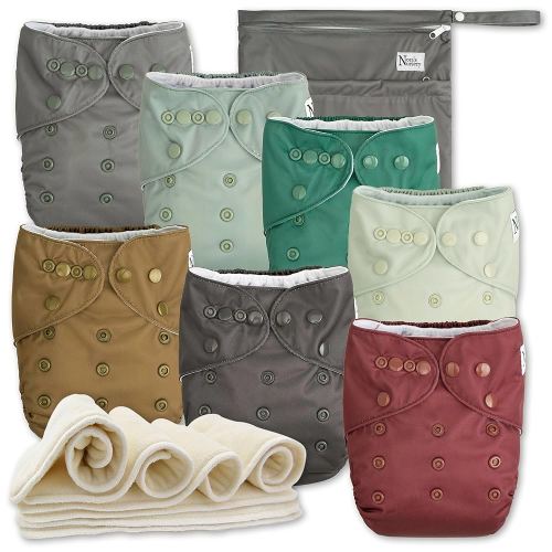Nora's Nursery Cloth Diapers 7 Pack with 7 Inserts & 1 Wet Bag - Waterproof Cover, Washable, Reusable & One Size Adjustable Pocket Diapers for Newborns and Toddlers - Hickory