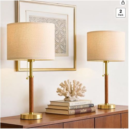 G-SAFAVA 22" Wood Table Lamps Mid Century Modern Lamp for Bedroom Living Room Bedside Lamps for Night Stands Nightstand Lamp with Pull Chain Gold Small Side End Table Lamps Set of 2 Vintage Deco Gifts