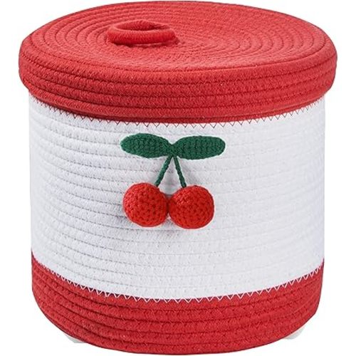 SHIANCE&LI Storage Round Baskets with Lids - Cotton Rope Woven Gift Decorative Cute Baskets with Lids - For Organizing Baby Toys Bathroom Nursery Storage Bins With Cherry(White&Red)