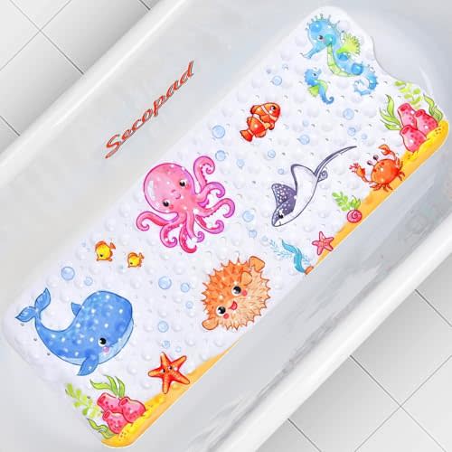 Baby Bath Mat for Tub for Kids, 40in x 16in Non Slip Cartoon Bath Tub Shower Mat Anti Slip with Drain Holes and Suction Cups Machine Washable, Pink Octopus
