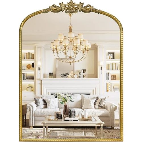 WallBeyond Gold Vintage Mirror for Vanity 22x30 Inch, Gold Antique Mirror with Ornate Frame, Arched Vintage Wall Mirror for Bathroom, Living Room, Fireplace, Entryway