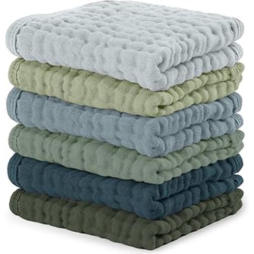 Comfy Cubs Muslin Baby Washcloths 6 Pack - Soft 6-Layer Cotton Wash Cloths for Sensitive Skin - 10"x10" Large, Gentle, Absorbent Infant Essentials for Newborn and Toddlers - Multi Boy