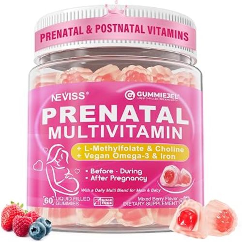Prenatal Vitamins for Women Multivitamin Gummies w/ Methylfolate 1mg, Choline Omega-3(DHA+EPA) Iron, Postnatal Vitamins for Women Breastfeeding | Before,During & After Pregnancy,Sugar Free,Vegan,60Cts