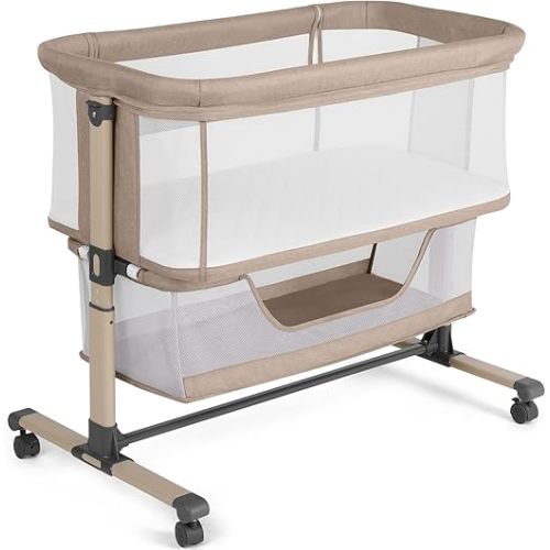 Cowiewie Bassinet Bedside Sleeper, Portable, Breathable, Adjustable Baby Bedside Bassinet for Peaceful Nights, Beige
