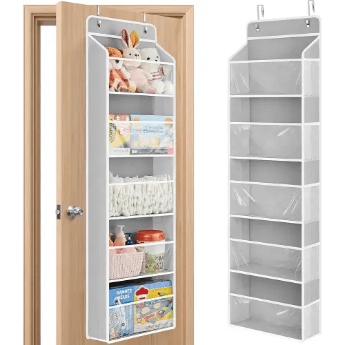 JARLINK Toy Stuffed Animal Storage, Over The Door Organizer W/Clear View Windows, 44lb Load, Baby Toy Storage Organizer for Nursery, Kid Bedroom, Newborn Baby Essentials (Light Grey)