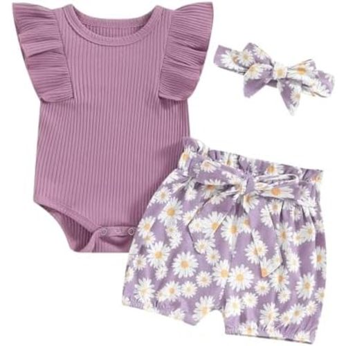 Newborn Infant Baby Girl Summer Clothes Rib Frill Short Sleeve Romper Elastic Waist Shorts Headband 3Pcs Outfits Set