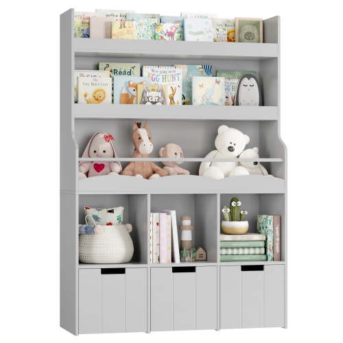 Homfa 59” H Kids Bookshelf with 2-Tier Book Shelves, Children Toy Organizer with 3 Cubes and Removable Drawers, Gray