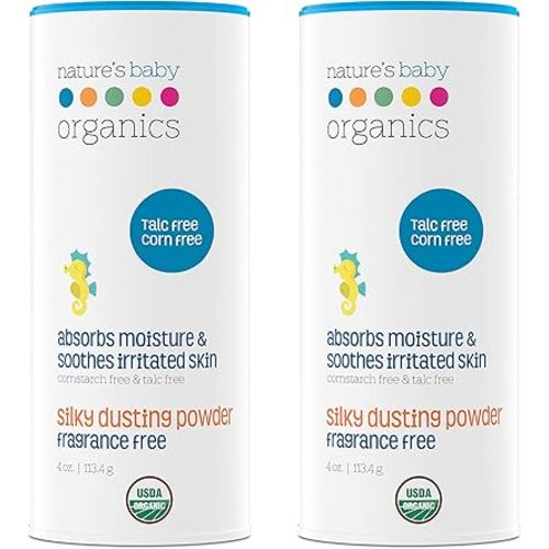 Nature's Baby Organics Baby Powder Corn Free/Talc Free Diaper Dusting Powder with Aloe Soft Gentle 100% Organic Baby Powder Hypoallergenic Fragrance Free, 4 oz Each, 2 Pack