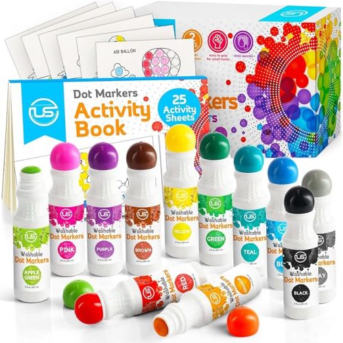 Ultimate Stationery Dot Markers for Toddlers and Kids - 12 Colors Washable Bingo Daubers, Dot Art, Toddler Art and Crafts - Includes Free Activity Book