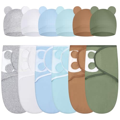 Ramede 6 Pack Baby Swaddle Blankets with Hats,Classic,Dark Color | Soft Cotton Wrap for Newborn Boys 0-3 Months, Adjustable Breathable Sleep Sack Set, Skin-comfortable Receiving Blanket