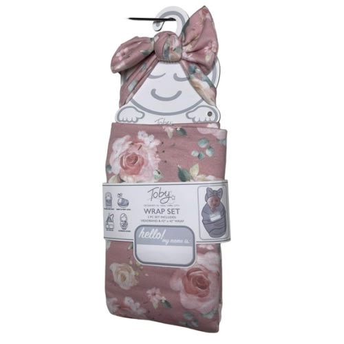 TOBY Baby Swaddle Wrap Blanket with Headband Pink Floral Newborn Gift Set