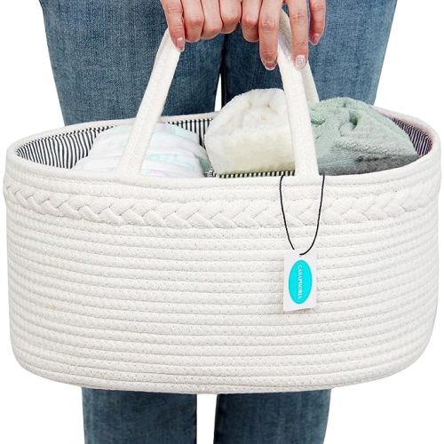 Casaphoria Woven Sundries Hamper Cotton Rope Basket Baskets for Storage,Storage Caddy,Cotton Basket,100% Cotton Car Organizer with Handle,Basket for Gift,Cream White(14.2"x8.5"x7.1") - cream white